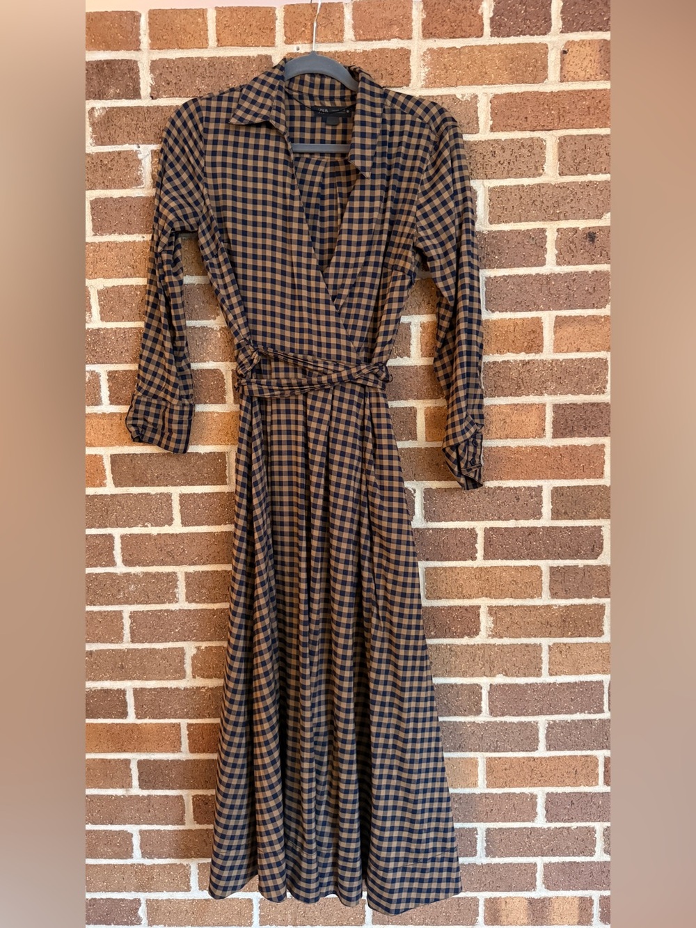 Zara Brown and Black Checked Long Sleeve Wrap Maxi Dress